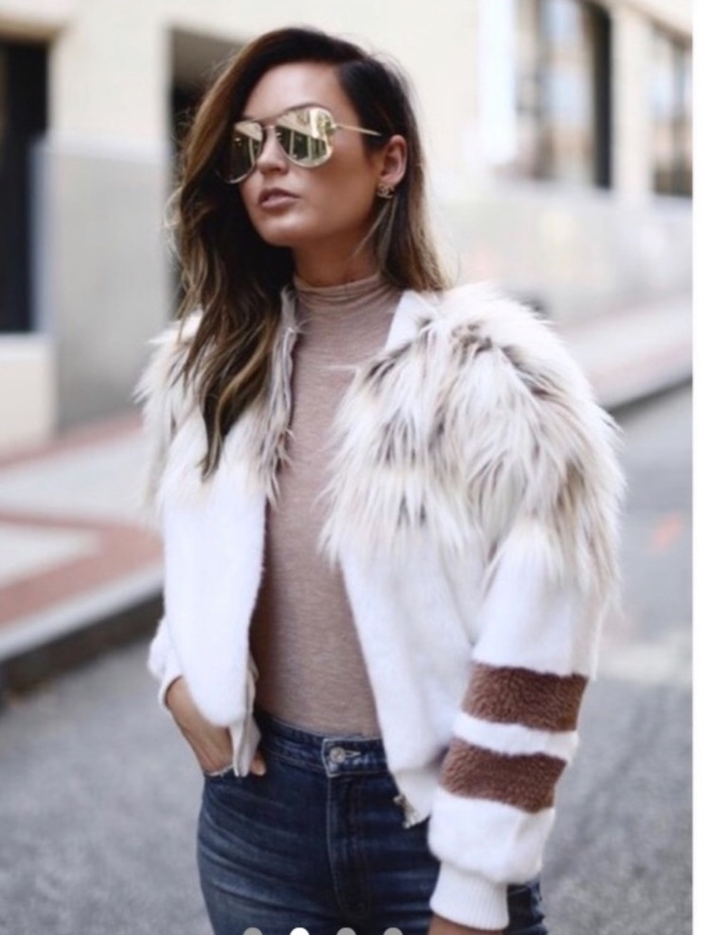 NBD White Faux Fur Bomber Jacket with Brown Stripe Sleeves